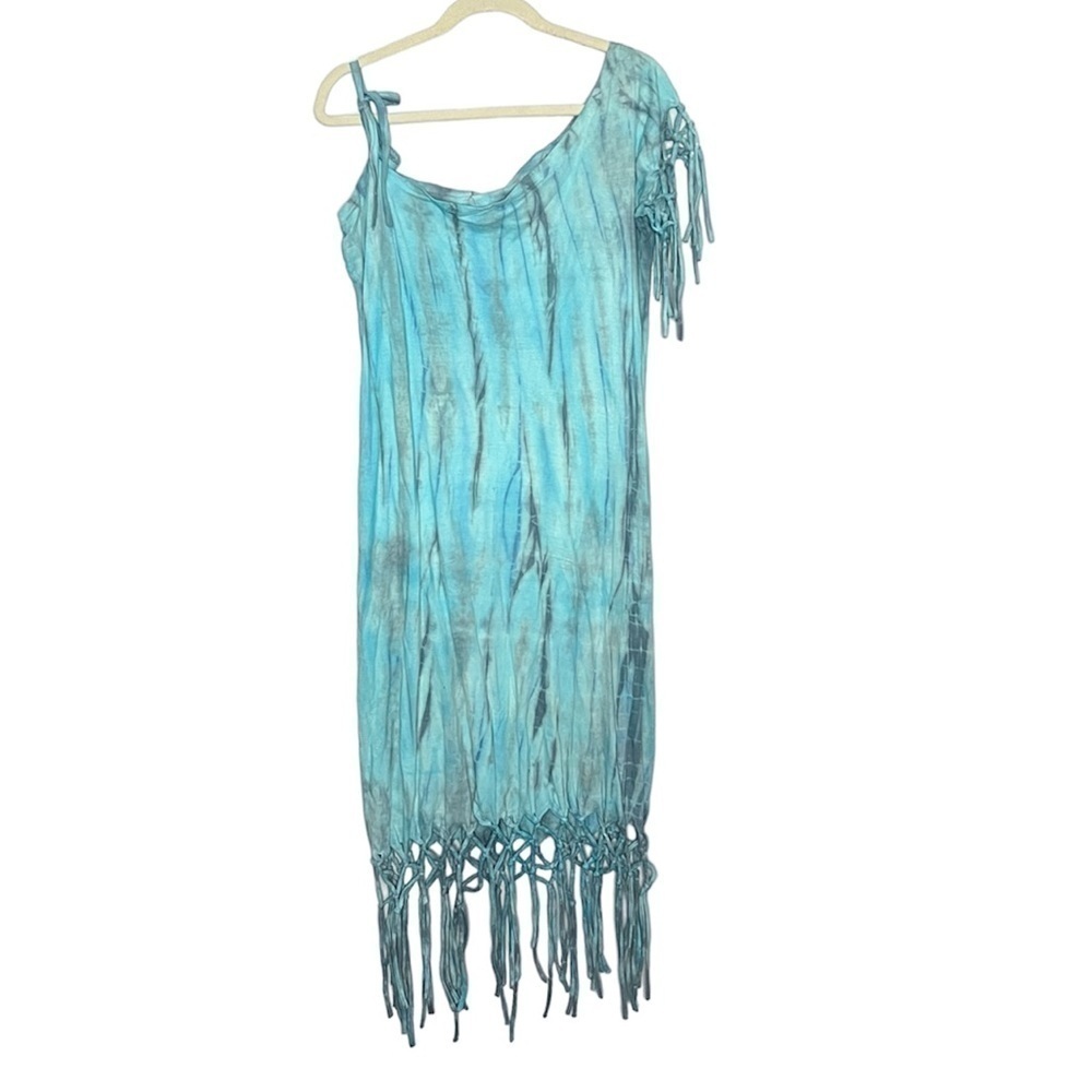Jayli Tye Dye Hippie Midi dress with fringe and one shoulder medium